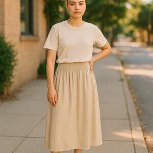 AND NOW Smocked Waist MIDI Skirt XS Beige Cream Spring Summer Vacation
